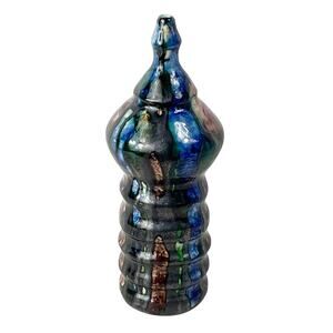 Studio Art Glazed Wood Fired Lava Fountain Pottery Jar Statue Figurine 11" OOAK